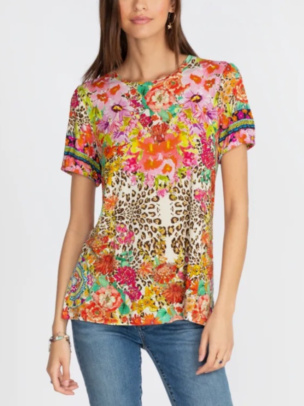 Johnny Was Wild Garden Puff Sleeve Floral Tee Shirt Size: M